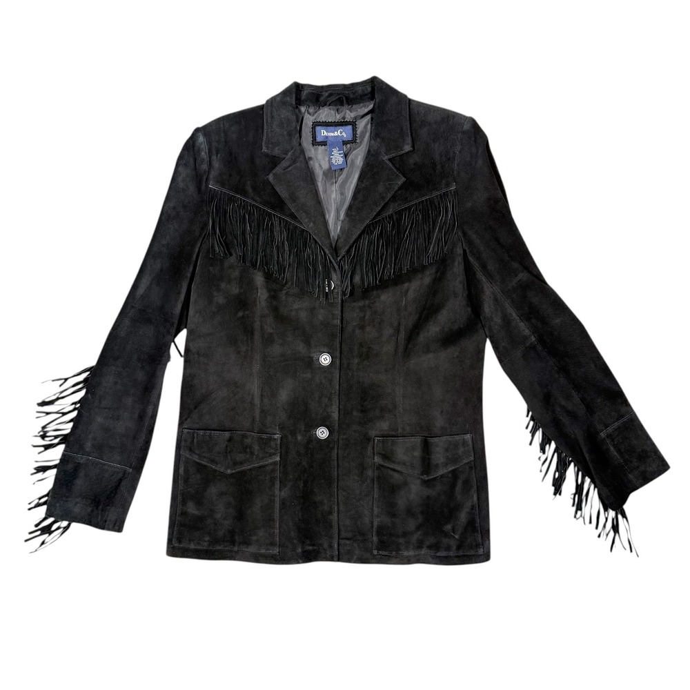 Womens Black Suede Leather Fringe Western Jacket Blazer Size L A53263